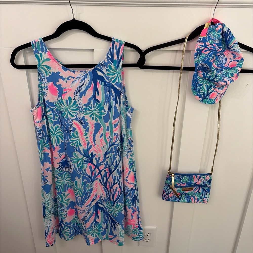 Lilly Pulitzer 3piece set-Kirsten Dress Medium Hat-Purse-Jet Stream Lattice